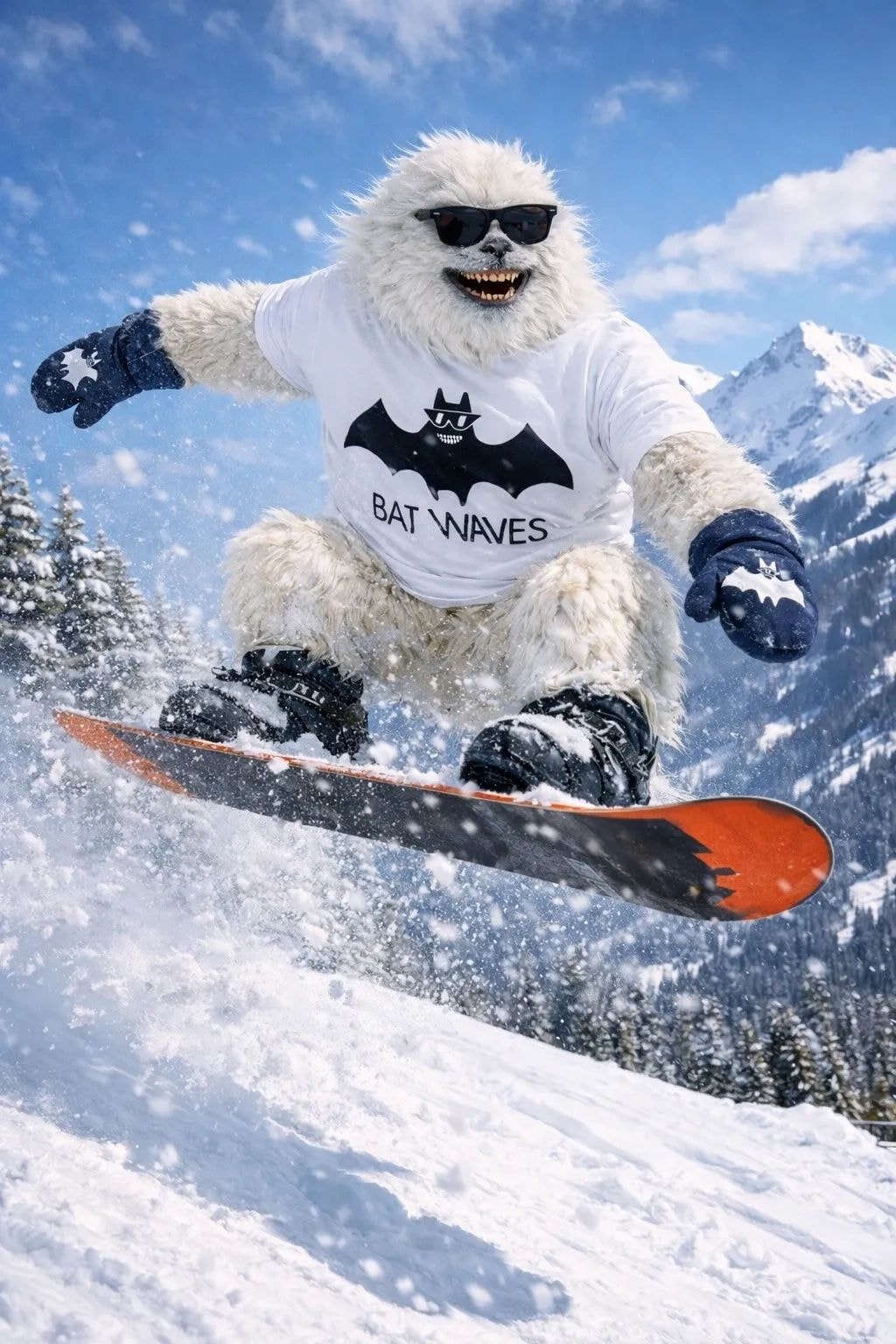 Yeti snowboarding with Bat Waves gear