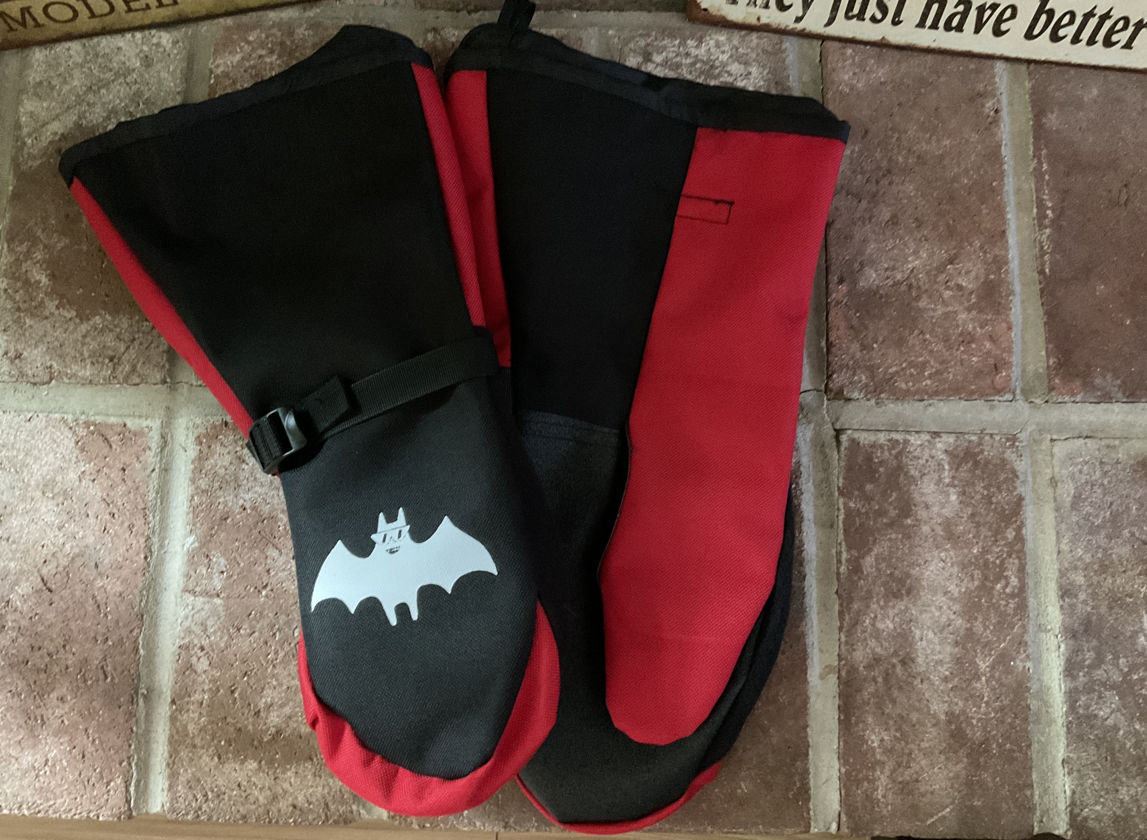 Red and black Bat Mitt mittens
